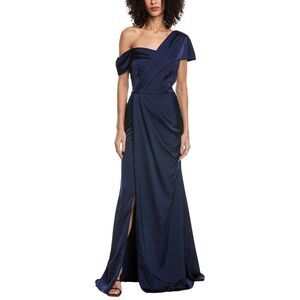 Rene Ruiz Womens  Asymmetric Off-Shoulder Crepe Gown, Blue